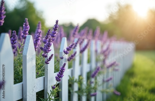 Charming scene with white picket fence adorned vibrant purple lavender flowers. Rustic, idyllic atmosphere with blooming nature, creating picturesque garden. Lavender fragrance gives peaceful,