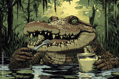 cartoon crocodile brushing teeth,color image
