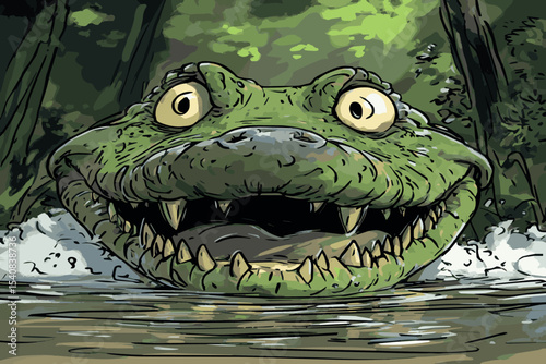 cartoon crocodile brushing teeth,color image
