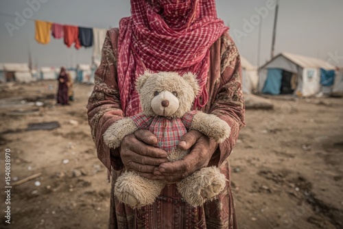 A heartbreaking view of a refugee woman holding a teddy bear in a camp, expressing the plight and hardships faced by displaced people, seeking peace and hope.