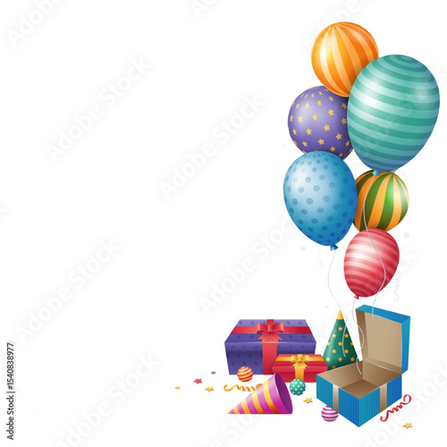 Colorful party balloons and presents on a white background celebration png