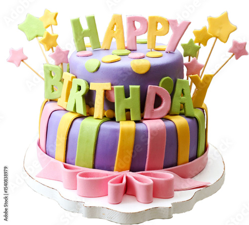 Colorful layered birthday cake decorated with cheerful frosting and happy birthday text in a png format