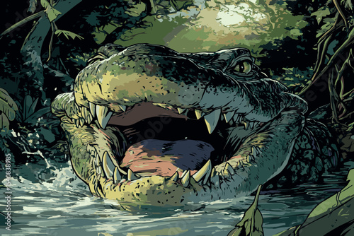 cartoon crocodile brushing teeth,color image
