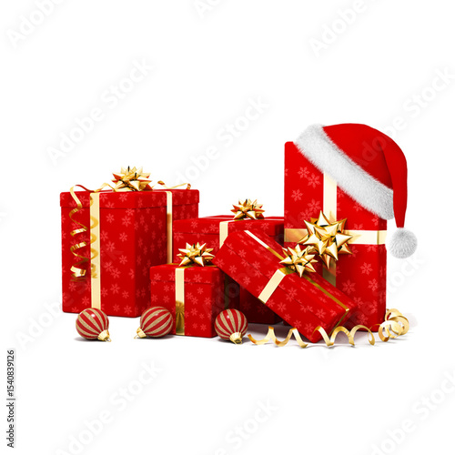 Festive stack of christmas presents with santa hat and golden ribbons on white background png