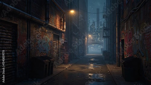 Urban alleyway with graffiti and cityscape at night dark street scene