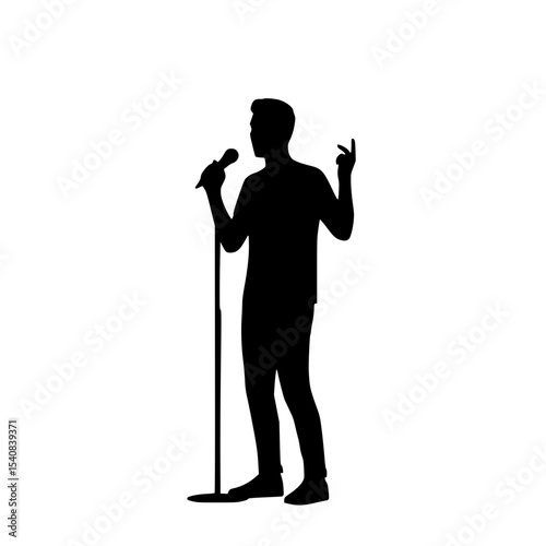Male singer performing passionately at a microphone on a minimalist stage background.