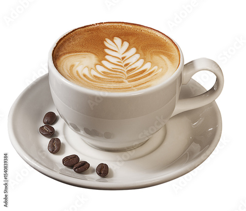 Delicious latte coffee with leaf art on white cup and saucer beside coffee beans