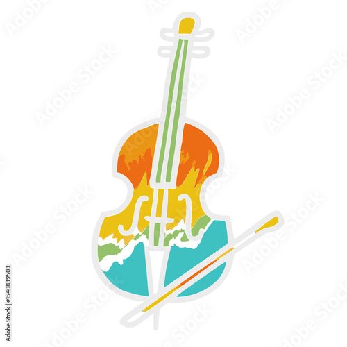 Artistic stylized cello illustration with vibrant colors and a bow beside it.