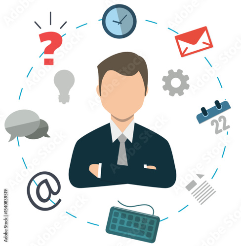 Business professional surrounded by icons representing communication and planning management png