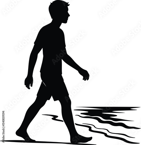 Silhouette man walking on beach in summer vector illustration