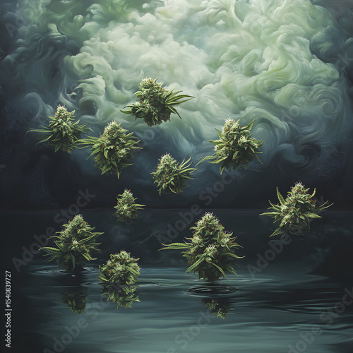 marijuana weed buds floating over the water with dreamy swirling clouds in the sky 