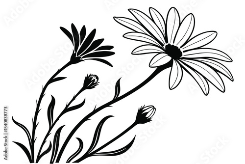 Elegant black and white flower bush blossoms grace the simple, classic, minimal plant art