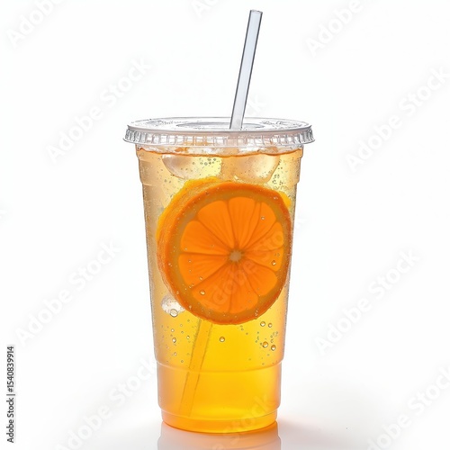 Transparent plastic cup filled with orange soda, orange slice, bubbles, ice cubes. Clear straw through flat lid. Condensation droplets adorn cup. White background. Refreshing drink. Summer