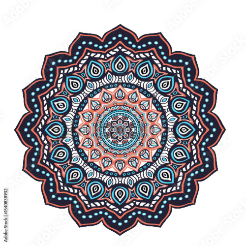 Intricate colorful mandala design with geometric patterns and floral elements on white background