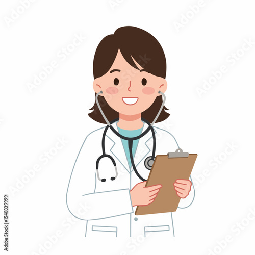 Friendly female doctor smiling with a clipboard and stethoscope in a professional pose.