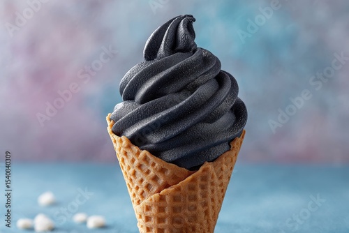 A delectable black ice cream cone, a unique treat that tantalizes the taste buds, offering a delicious and visually striking frozen dessert experience with a waffle cone.
