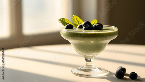 a warmly lit, cinematic photograph of a refreshing blueberry spinach smoothie, artfully arranged in a delicate, curved glass, adorned with plump, fresh blueberries and a sprig of crisp, vibrant green 