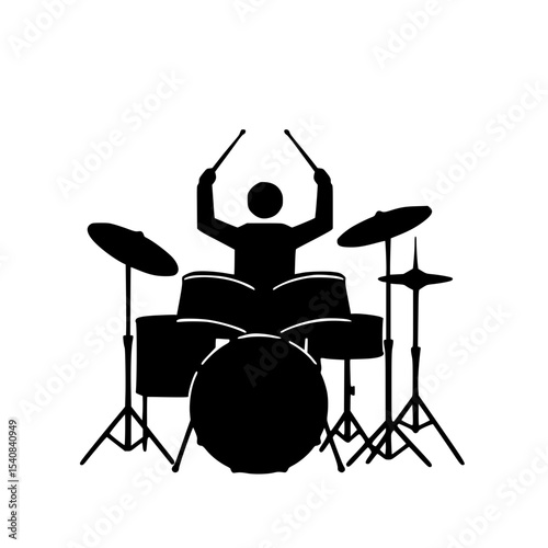 Energetic drummer performing on a drum set in a dynamic silhouette style.