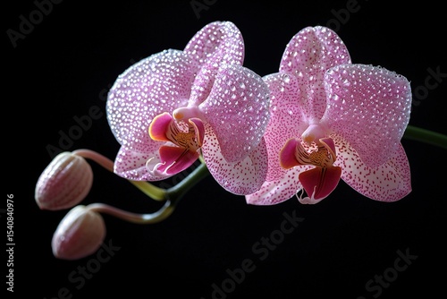 Close-up of pink spotted orchid flowers with buds on a black background photo