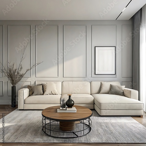 Modern beige sectional sofa in a gray room with wooden coffee table