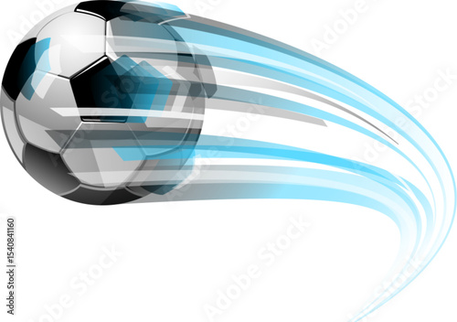 A dynamic vector illustration of a soccer ball in fast motion with speed trails