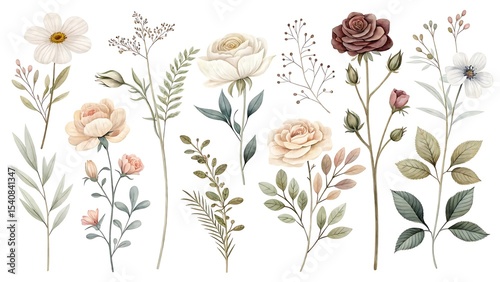 Watercolor botanical collection of roses greenery and wildflowers
