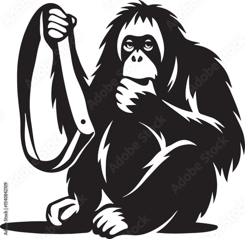 Orangutan with knife powerful silhouette, Strong primate bold vector graphic