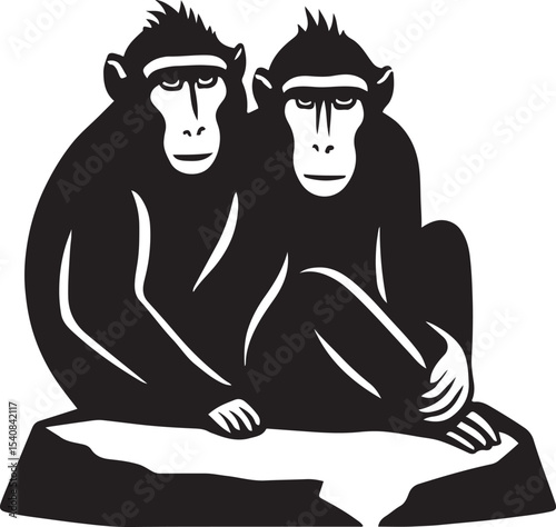 Monkeys on rock black silhouette drawing, Two primates sitting black and white art
