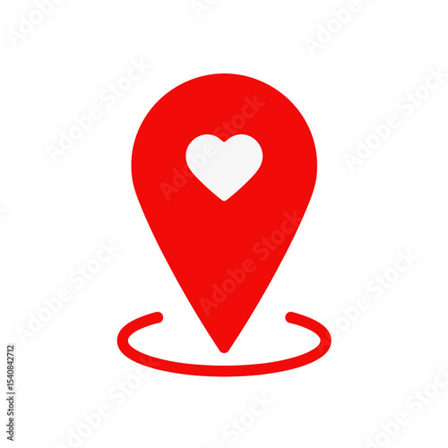 Red location pin with heart symbol on white background for love concept