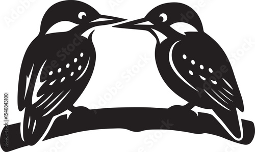 Two kingfishers on branch silhouette drawing, Birds perched elegant black and white
