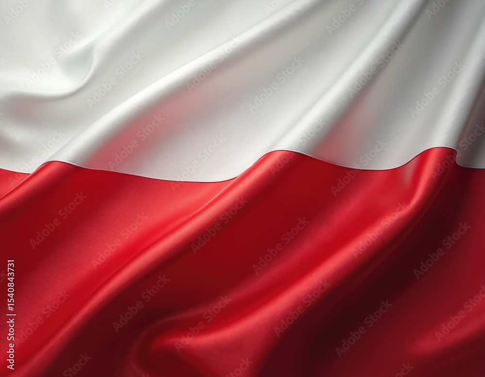 Naklejka premium Close-up of waving Poland flag with elegant satin texture. White, red colors. Patriotic symbol of national identity, freedom. Textured cloth surface with folds. Ideal for Polish related projects.