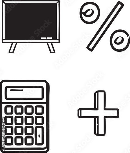 Hand-drawn Math Icon Set Chalkboard, Percentage, Calculator, Plus Sign – Line Art Illustrations