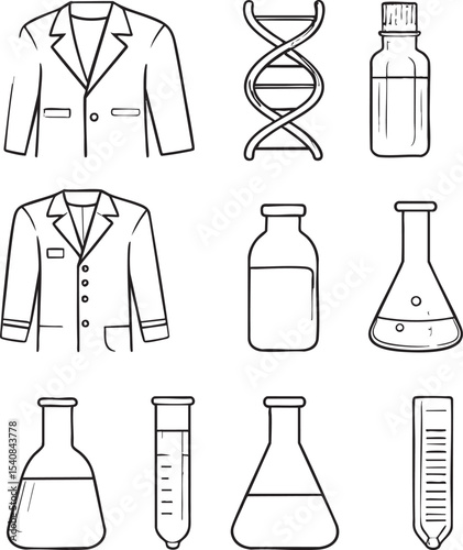 Comprehensive Line Art Icon Set Lab Coats, DNA, and Scientific Equipment Illustrations