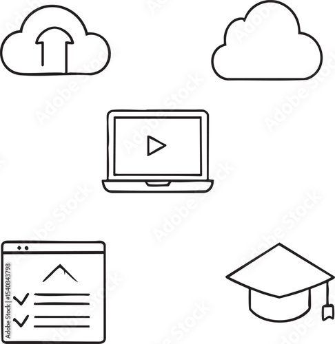 Comprehensive Icon Set E-learning, Cloud Computing, and Graduation in Line Art Style