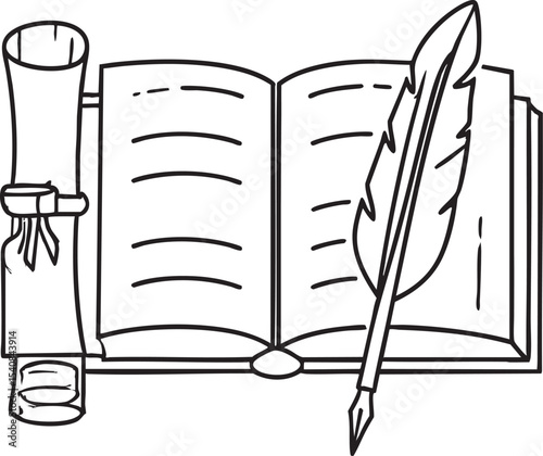 Elegant Line Art Icon Set Open Book, Quill Pen, and Scroll Design Elements