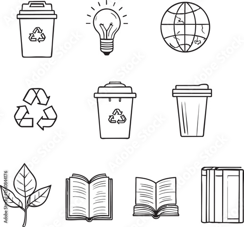 Eco-Friendly Icon Set Line Art Illustrations of Recycling, Sustainability, and Education
