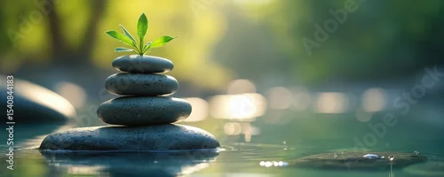 Obraz  z motywem Stack of zen stones with green plant, water in spa. Wellness concept, meditation, harmony, balance. Nature, self care, zen, relaxation, spa, therapy, well-being, calm, peaceful.