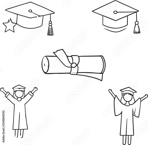 Graduation Icon Set Line Art Style Illustrations of Caps, Diplomas, and Graduates
