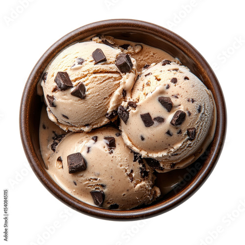 Chocolate chip ice cream in a bowl showing a luscious dessert experience rich in flavor, Chocolate chip ice cream in a bowl, top view, isolated on white background