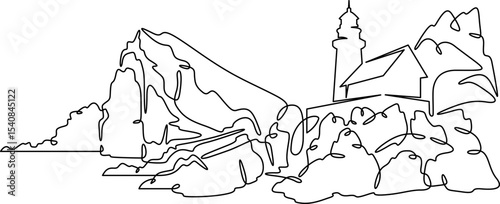 Continuous one line drawing lighthouse on a rocky cliff. Lighthouse on the seashore.One continuous line isolated minimal illustration.Not AI.