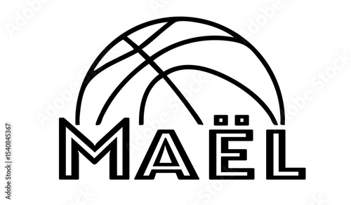 Maël – first name in sporty style with a stylized basketball sketch. Black vector graphic, ideal for banners, cards, sweatshirts, prints, Cricut, Silhouette and sublimation projects.
