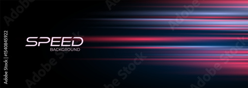 Blue and red high-speed abstract background. Movement light trails effect on black backdrop. Wide technology banner with glowing light motion effect. Vector illustration