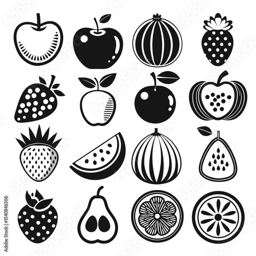 Black Fruit Silhouette Vector Collection – Apple, Watermelon, Strawberry, Orange, Pear, Melon, and Citrus Icons – Healthy Food Symbol Set for Organic Product and Design Projects