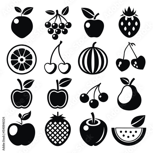 Silhouette Vector Set of Fruits Icons – Apple, Cherry, Strawberry, Pear, Melon, Citrus, and Watermelon – Black Solid Healthy Food Illustrations for Organic and Natural Product Design