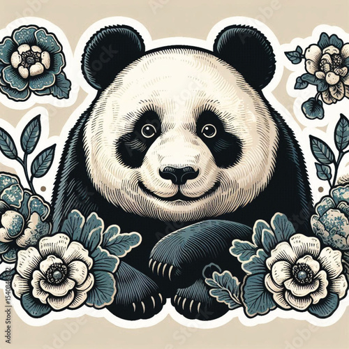 Panda bear surrounded by flowers in a vintage illustration style  