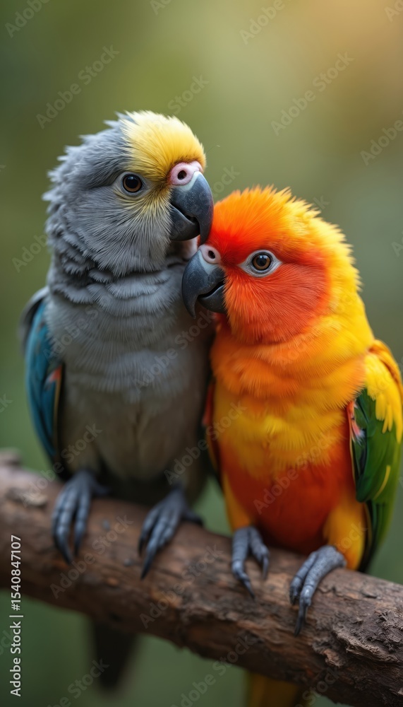 Close-up image of two colorful parrots cuddling on tree branch. Vivid feathers, eye contact. Parrots pair demonstrates love, companionship and animal bond. Perfect for nature, wildlife projects. Close-up image of two colorful parrots cuddling on tree branch. Vivid feathers, eye contact. Parrots pair demonstrates love, companionship and animal bond. Perfect for nature, wildlife projects.