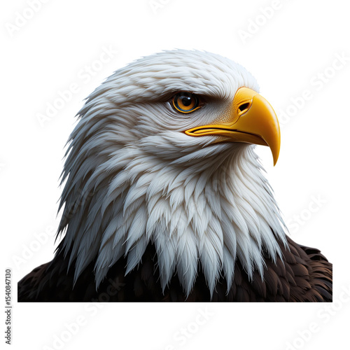 Realistic american bald eagle head with sharp eyes and feathers isolated on transparent background