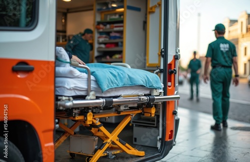Patient on stretcher inside ambulance. Medical staff at work provides emergency care. Transporting sick injured person to hospital. Medic team responding to accident. Healthcare service. 911