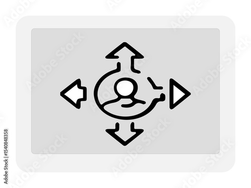 The image displays a central icon of a simplified human figure or user within a circular outline, surrounded by four arrows pointing outwards in the cardinal directions (up, down, left, right).