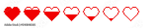 Pixelated red heart icons in sequence from full to empty. 8-bit style symbols on white background.
 Gaming health bar and life point indicator concept for design and print